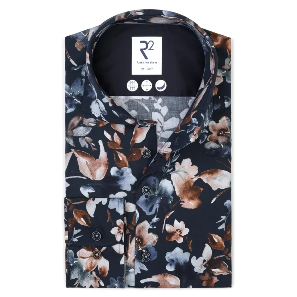 R2 Amsterdam - Flower Print Stretch Shirt - Navy