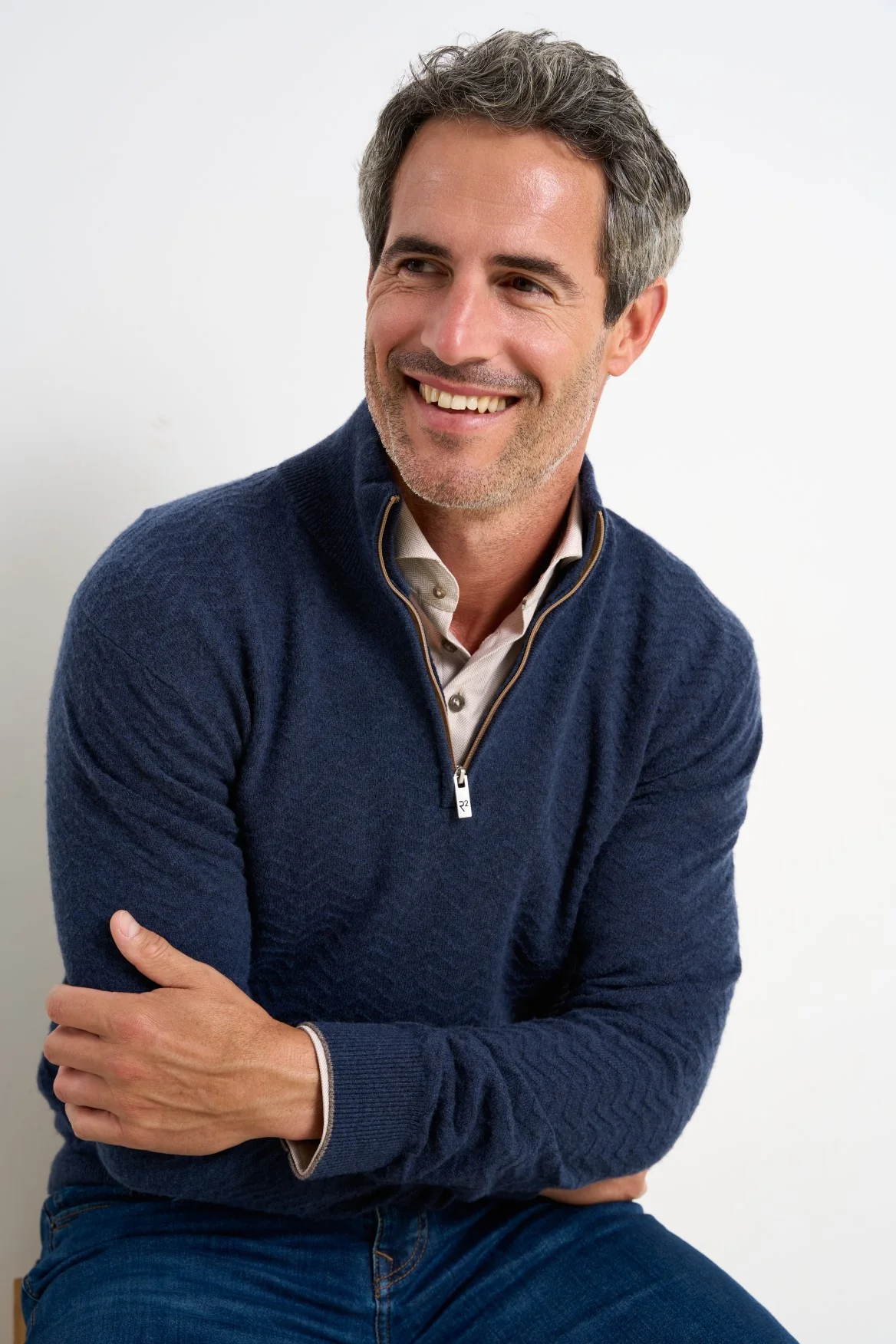 R2 Amsterdam - Wool Blend Half Zip Pullover - Navy - Image 4