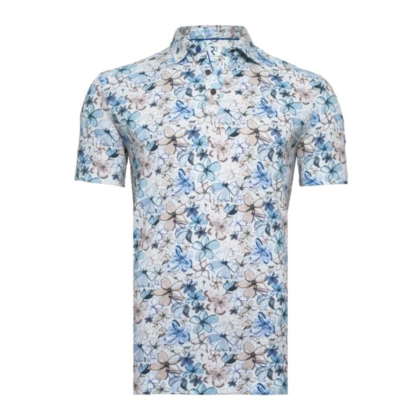 R2 Amsterdam – Floral Print Linen Blend Polo – Beige
