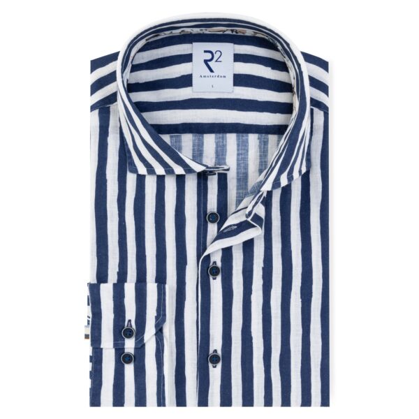 R2 Amsterdam – Striped Linen Stretch Shirt – Navy