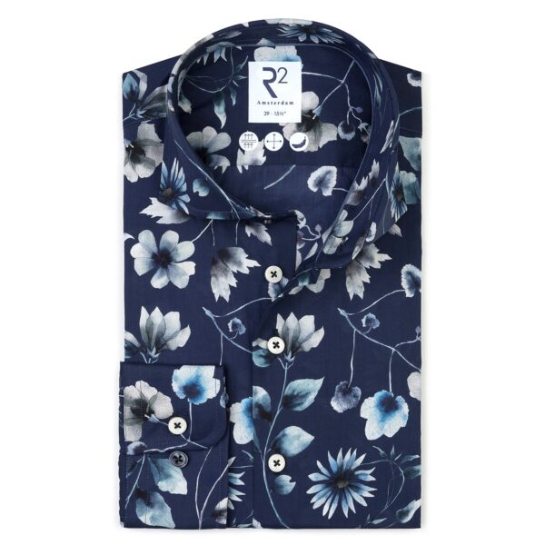 R2 Amsterdam – Floral Print Cotton Shirt – Blue